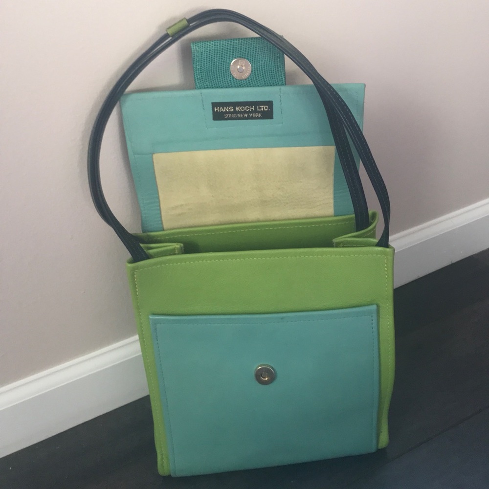 SOLD!! Hans Koch Ltd Soho NY leather bag 1 of a kind lime green blue rare VINT… - Picture 3 of 16